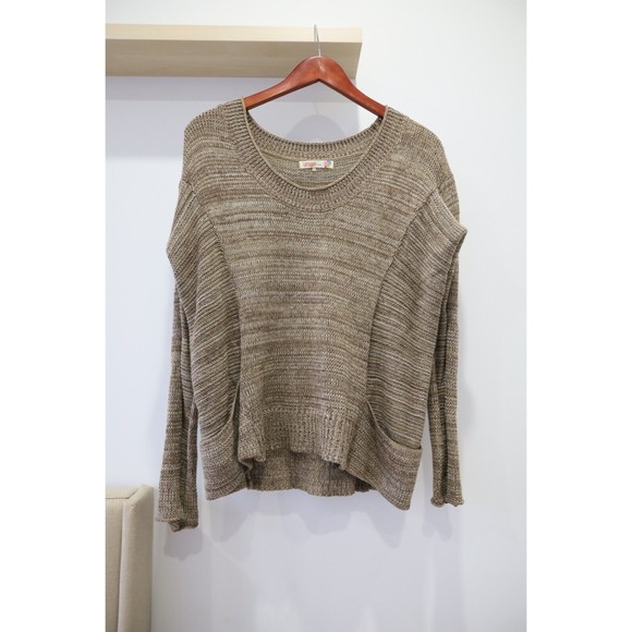 Umgee USA Womens Large Long Sleeve V-Neck Tan Sweater Pockets Cotton Blend - Picture 2 of 7